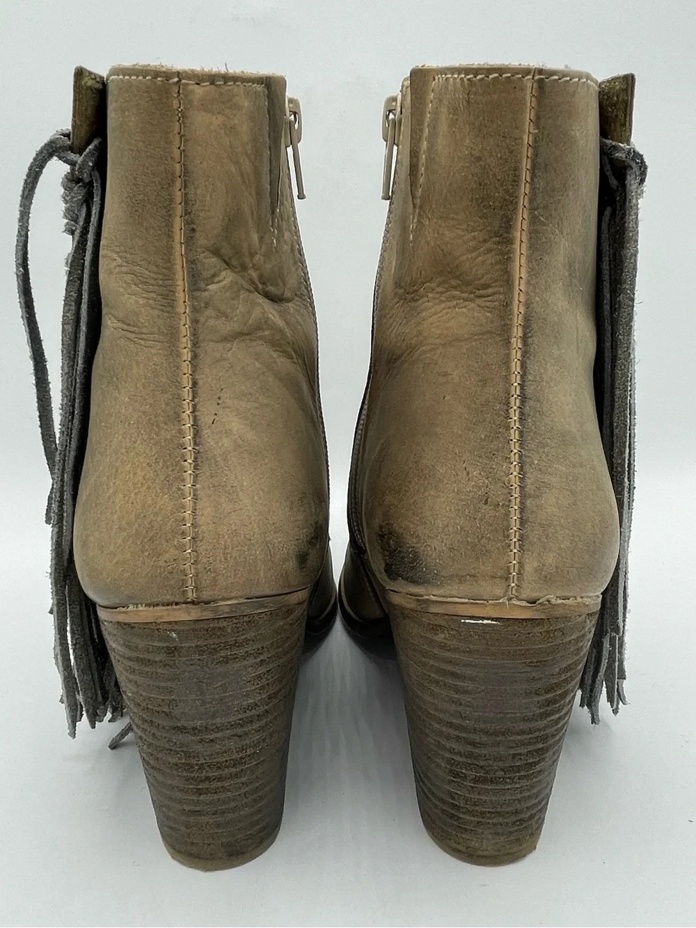 Diba True Jilly Ann Fringe Leather Ankle Boots in Taupe/Tan.